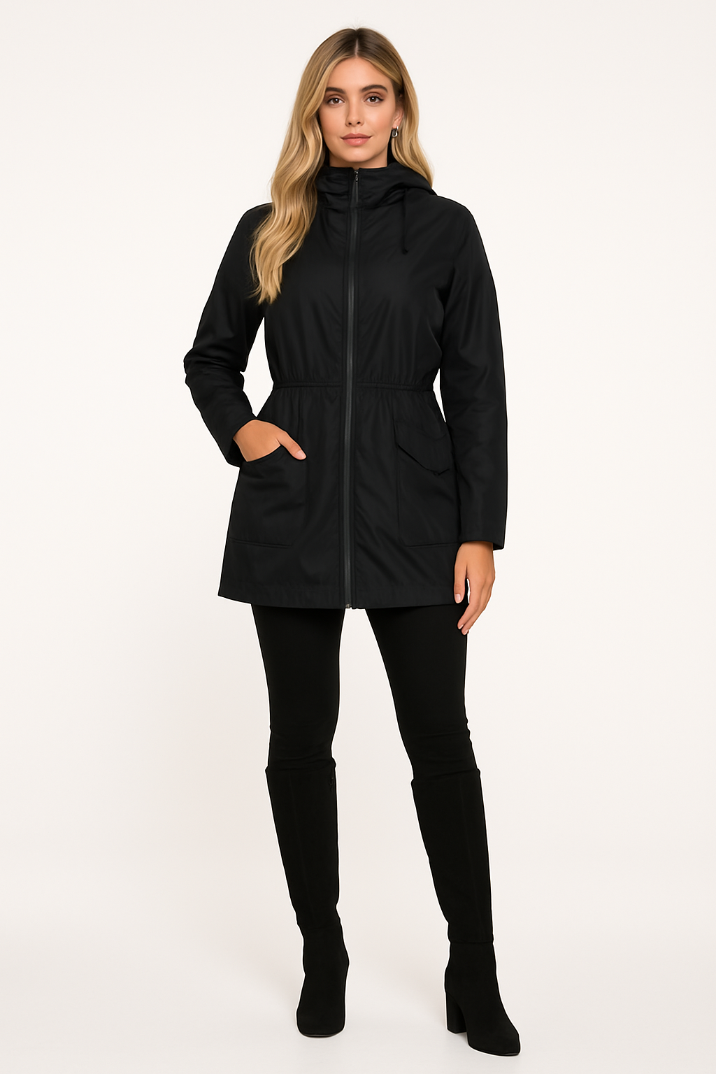 Giacca antipioggia lunga da donna con cappuccio