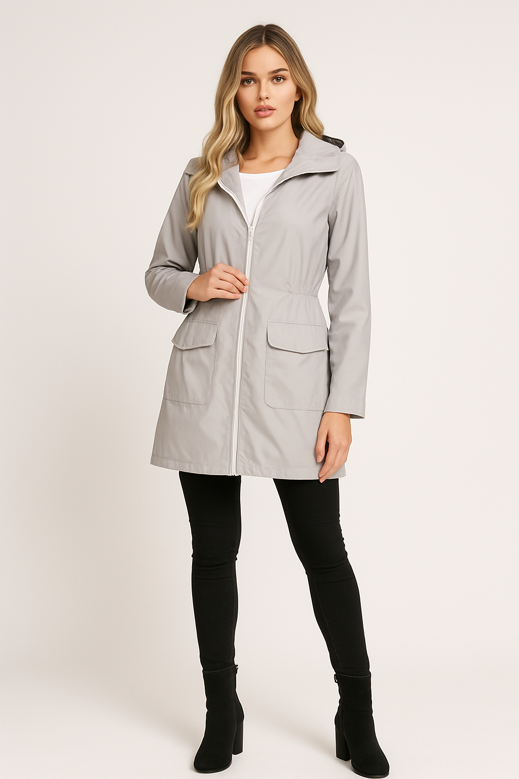 Giacca antipioggia lunga da donna con cappuccio